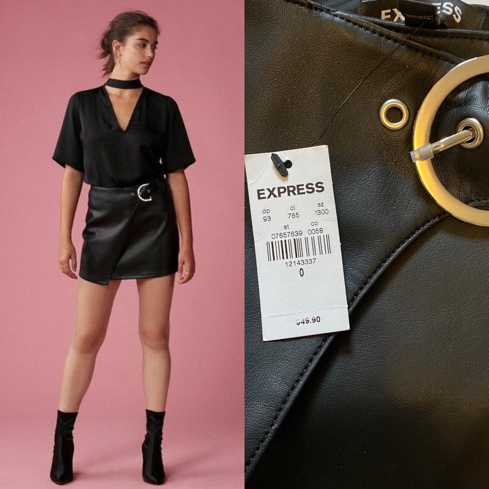 black faux leather belted asymmetrical mini skirt